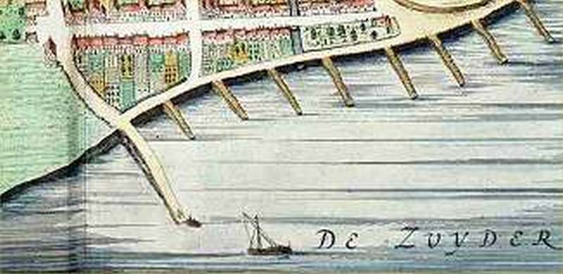 Rede en stadsbrug (steiger) op de kaart van Blaeu, 1649