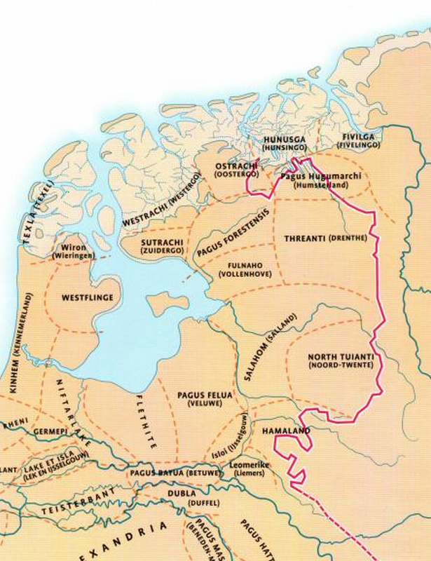 kaart van het Frankische rijk rond 800, uit de Atlas van de Nederlandse Geschiedenis