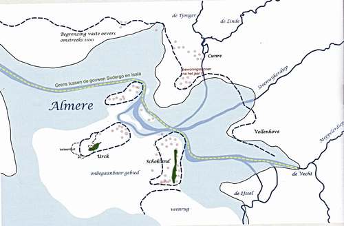 het gebied ten westen van Vollenhove rond 110, met de eilanden Urk en Schokland