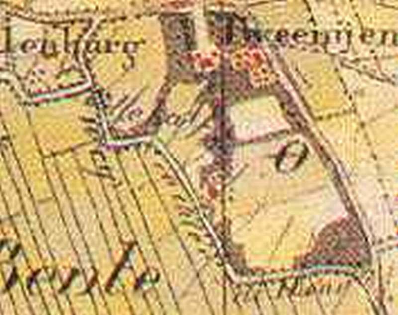deel militaire topografische kaart rond 1850, met daarop het landgoed Twee nijenhuizen en ten zuiden daarvan de (voormalige) kleine en grote Haare, met de Weg Achter de Hare als zodanig benoemd. Er staat ook nog een gebouw langs die weg!