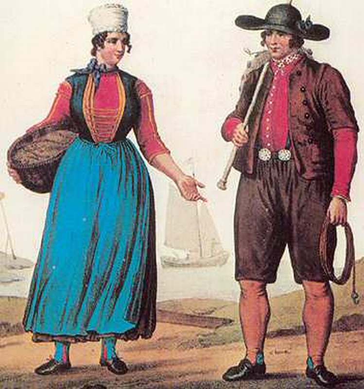 Een echtpaar in Schokker klederdracht (prentbriefkaart 18e eeuw)