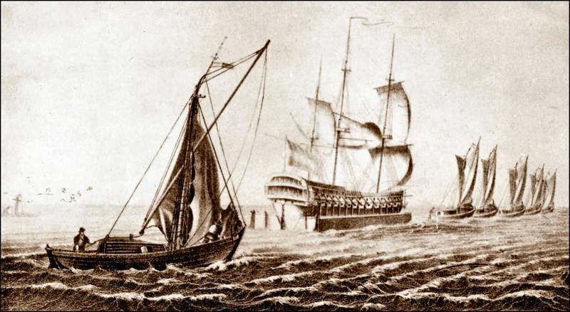 Voormalige waterschepen van het eiland Marken in hun laatste rol als slepers voor een zeevaarder die gelicht is door scheepskamelen. Litho van P. le Comte uit 1831.