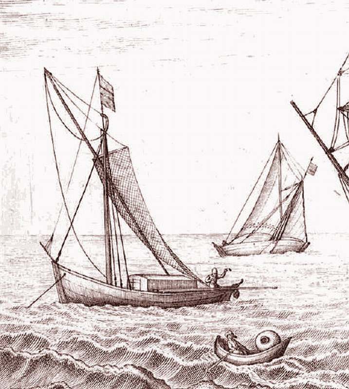 Gravure uit ca 1600 (uitsnede). Bron: Scheepvaartmuseum Amsterdam. Iemand met een bootje komt vis halen bij een waterschipper.